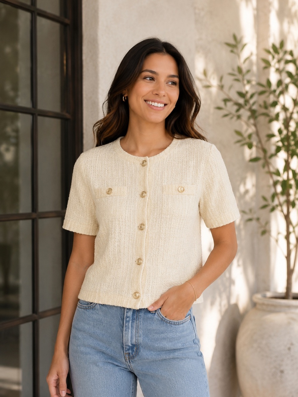 a new day Women’s Cream Bouclé Short-Sleeve Cardigan with Metal Buttons Size XL
